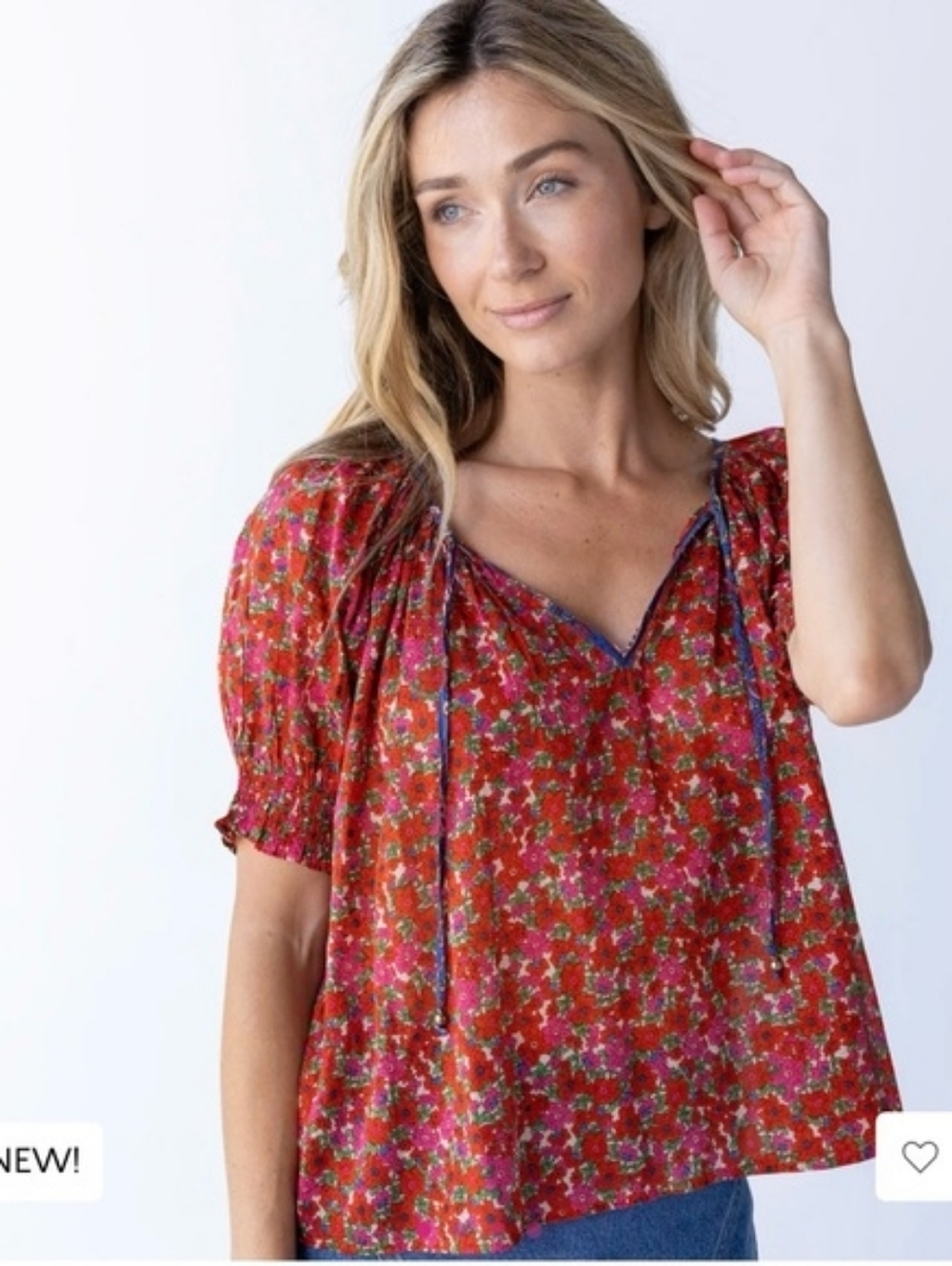 NATURAL LIFE April Pink Azalea Floral Boho Peasant Blouse with Tie
